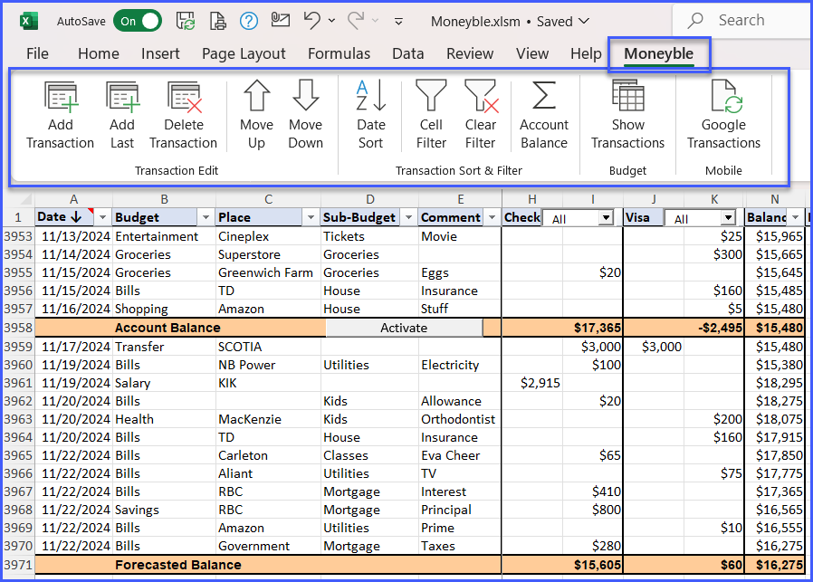 Moneyble app main screen - Transaction view